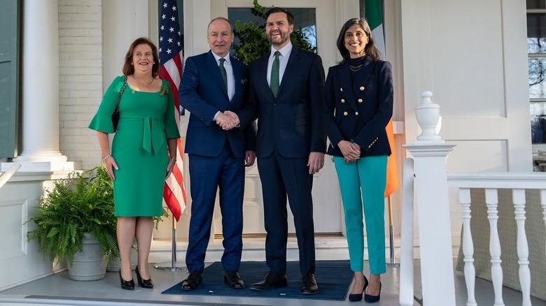 JD Vance and his wife Usha Vance pose for a photo with Taoiseach Micheal Martin and his wife, Mary (2025)