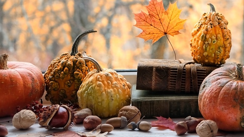 pumpkins on a fall themed window sill