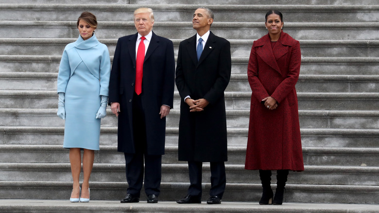 Melania Trump, Donald Trump, Barack Obama, and Michelle Obama standing together.