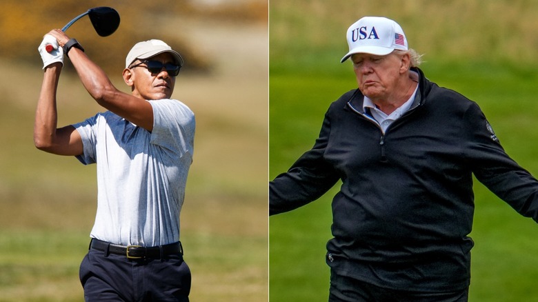 Barack Obama golfing and Donald Trump on the golf course looking upset.