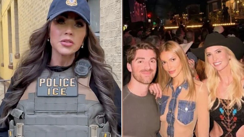Kristi Noem in "Police ICE" gear/Ivanka Trump leather dress and jacket turquoise belt