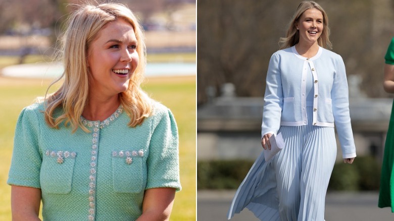 Karoline Leavitt pale green dress/pale blue sweater pleated dress