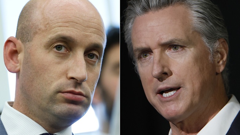 Split image of Stephen Miller and Gavin Newsom in suits with white shirts