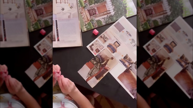 Erin Napier's daughter Helen glues cut-out magazine pictures on a paper