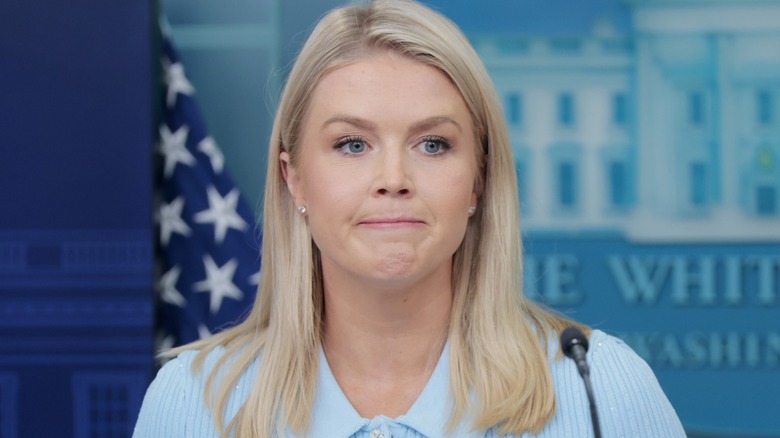 Karoline Leavitt grimaces during a press briefing in the Brady Press Briefing Room at the White House (2025)