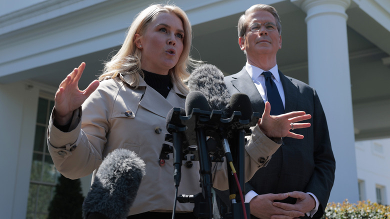 Karoline Leavitt speaking to reporters outside the West Wing of the White House.