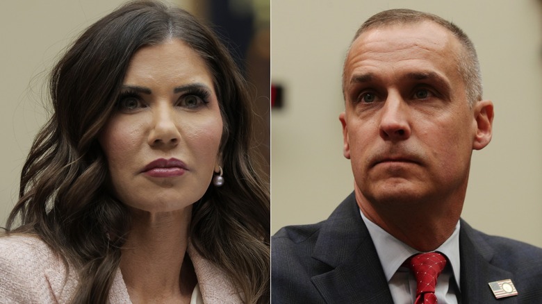 A split image showing Kristi Noem and Corey Lewandowski.