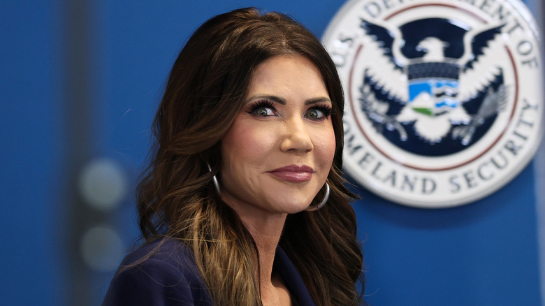 U.S. Secretary of Homeland Security Kristi Noem looks on during a press conference at One World Trade Center on January 08, 2026 in New York City.