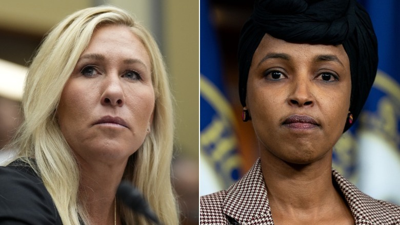 Split image of Marjorie Taylor Greene and Ilhan Omar looking pensive
