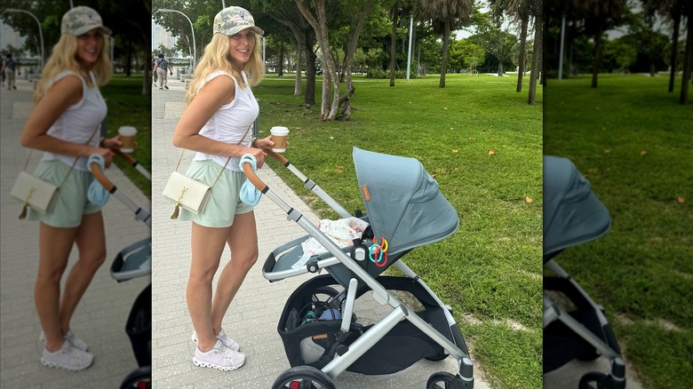 Marla Maples pushing stroller