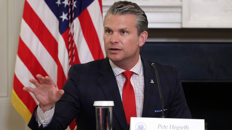 Pete Hegseth delivers remarks as U.S. President Donald Trump delivers an announcement on his Homeland Security Task Force in the State Dining Room of the White House on October 23, 2025 in Washington, DC.