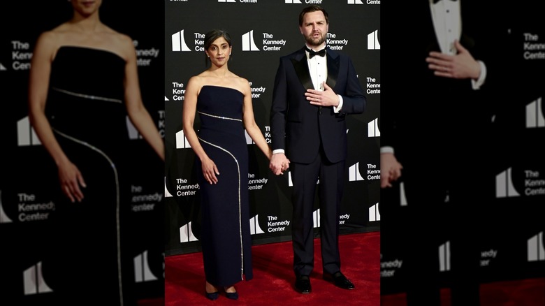 Usha Vance wearing a black dress next to JD Vance who's wearing a business suit at the 'Les Miserables' premiere.