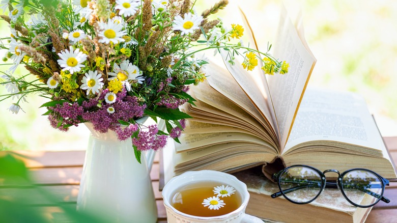 A book and flowers