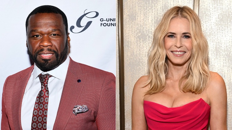 A split image of Chelsea Handler and 50 Cent 
