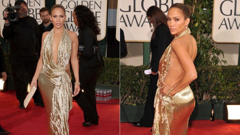 Split image of Jennifer Lopez posing on the red carpet facing forward (L) and to the side (R)