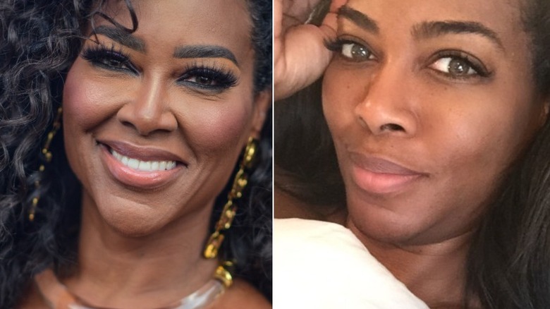 Kenya Moore split image of the star with and without makeup and glam