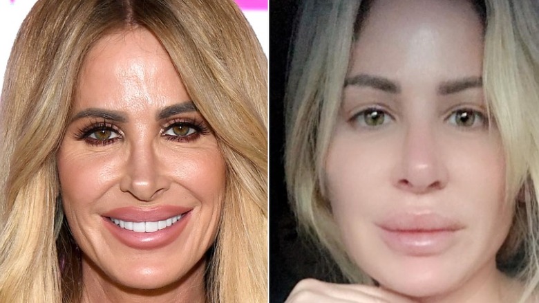 Kim Zolciak-Biermann split image of the star with and without makeup and glam