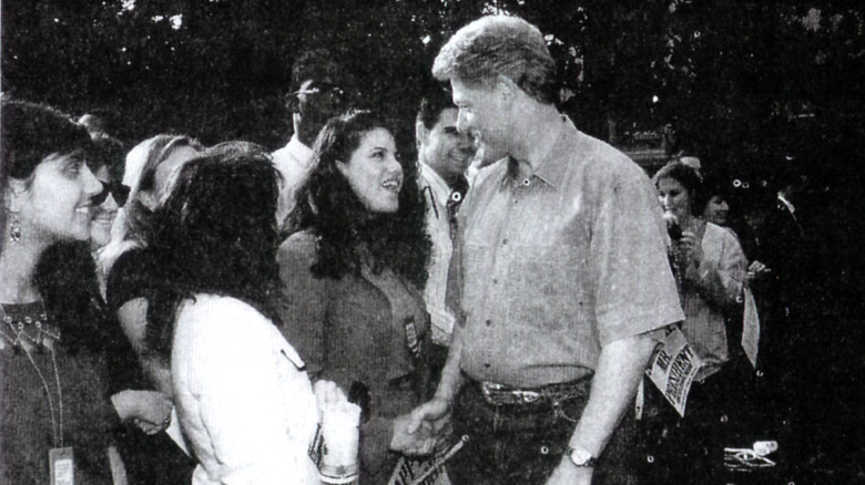Bill Clinton shaking Monica Lewinsky's hand in an old black and white photo