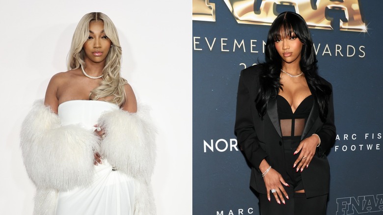 Side-by-side pictures of Angel Reese with long, light blonde hair wearing a white sleeveless dress and fluffy white wrap (left) and wearing an all-black outfit with long, dark hair and bangs (right)