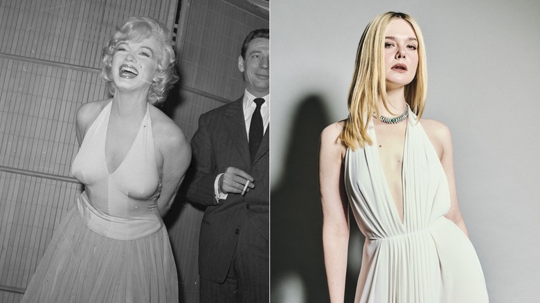 Split image of Elle Fanning and Marilyn Monroe