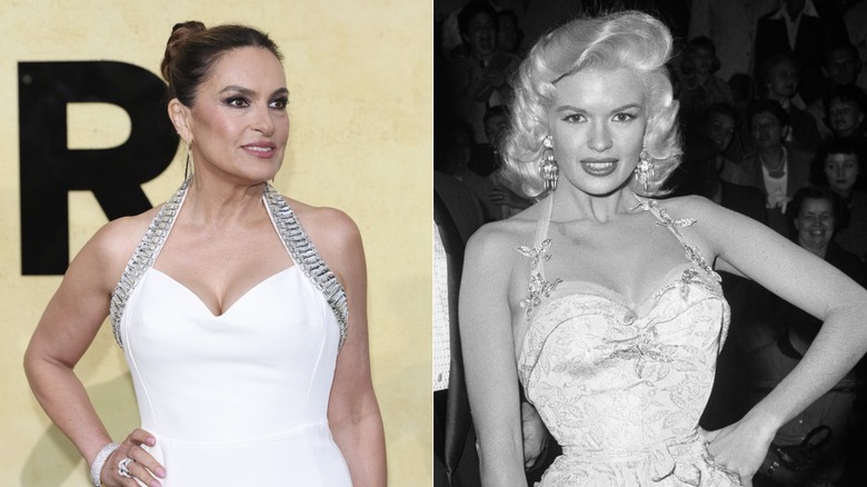 Mariska Hargitay in a white dress looks off to the right with her hand on her hip besides Jayne Mansfield in a white dress with her hand on her hip.