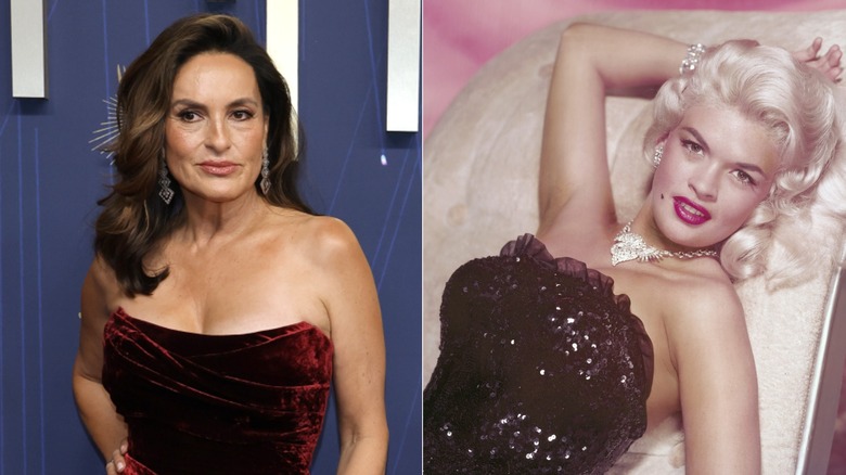 Mariska Hargitay in a red dress in front of a blue background beside Jayne Mansfield in fitted bodice laying down.