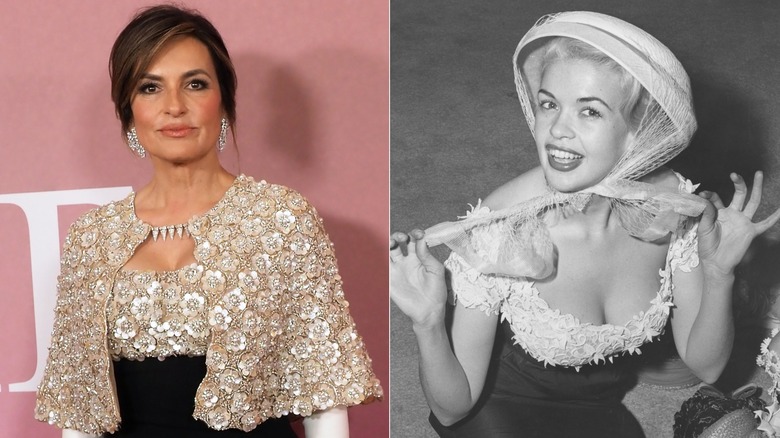 Mariska Hargitay in a black and silver dress besides and image of Jayne Mansfield in a bonnet and black and white dress.