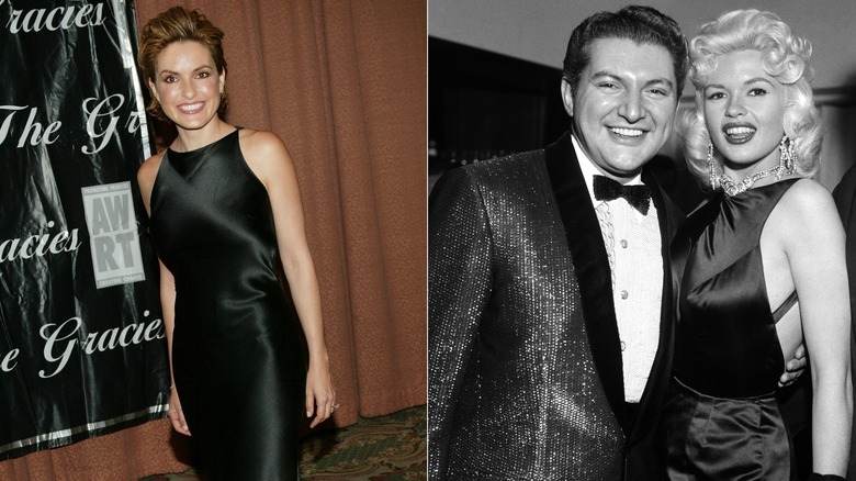 Mariska Hargitay in a black satin dress besides an image of Jayne Mansfield in a black satin dress.