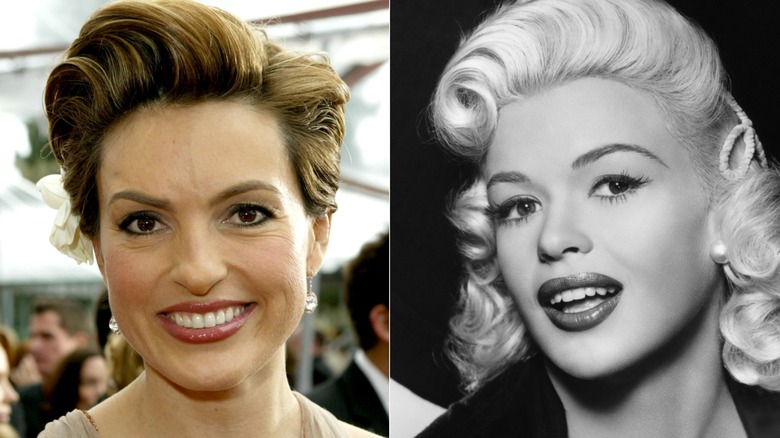 Close up of Mariska Hargitay with sweeping curls and Jayne Mansfield with curly hair.