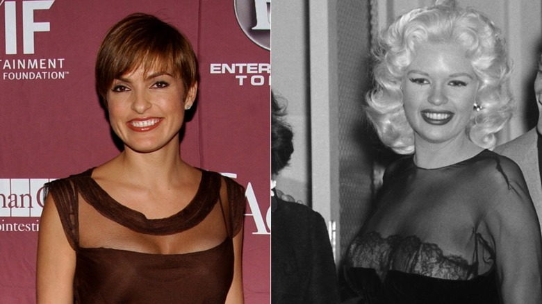 Mariska Hargitay in a brown partially sheer dress and Jayne Mansfield in a black partially sheer dress.
