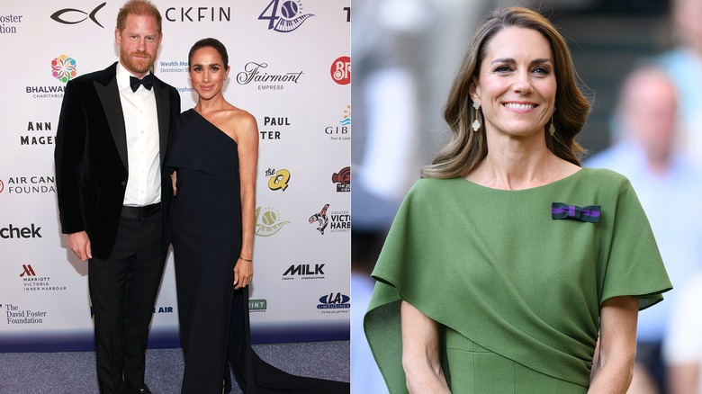 Meghan Markle in long black dress with Harry in tuxedo/Kate Middleton green dress Wimbledon