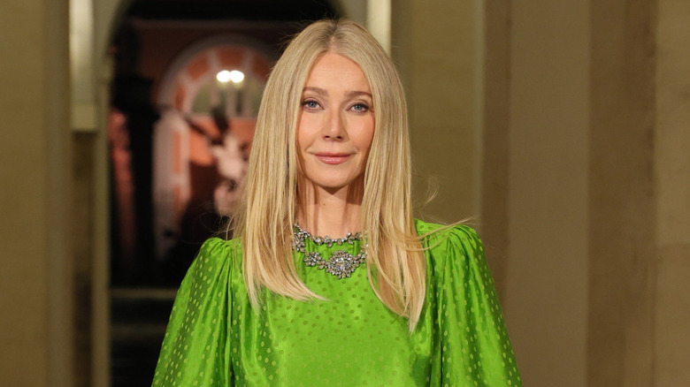 Gwyneth Paltrow with green dress and silver necklace