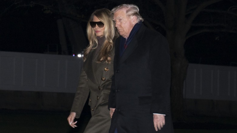 Melania Trump and Donald Trump walk on the South Lawn of the White House in Washington, DC (2025)
