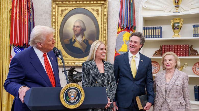 Pam Bondi in the Oval Office with President Trump to her right.