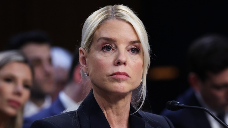 Close-up of Pam Bondi with her mouth in a thin line