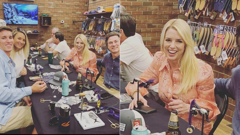 Split image of Pam Bondi among a group of people at a table and a close-up of Pam Bondi in a peach shirt.