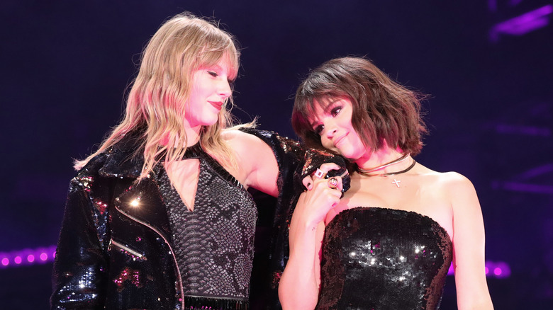 Taylor Swift and Selena Gomez performing at Swift's Reputation Stadium Tour in Pasadena, California, in 2018