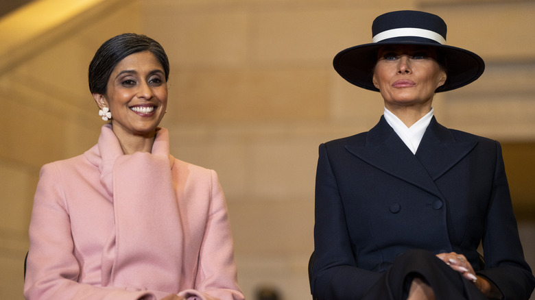 Usha Vance and Melania Trump look on as Donald Trump addresses guests and supporters in an overflow room in Emancipation Hall after his inauguration at the U.S Capitol on January 20, 2025 in Washington, DC.