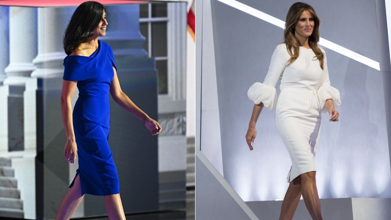 Usha Vance at the 2024 RNC (left), and Melania Trump at the 2016 RNC (right).