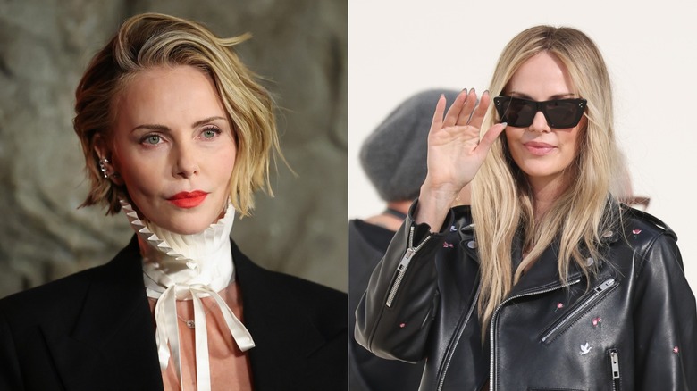 Charlize Theron posing at an event & Charlize Theron waving