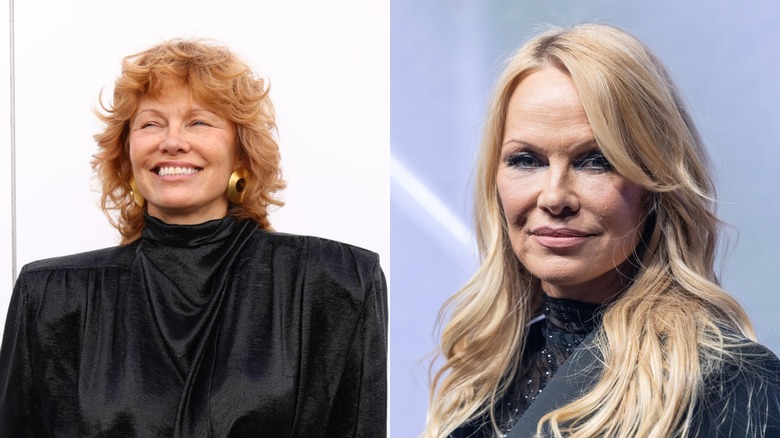 Pamela Anderson smiling at a press event