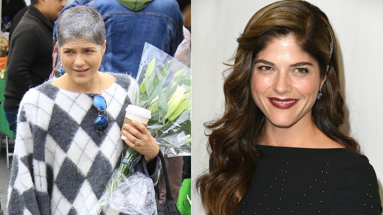 Selma Blair carrying a coffee and flowers in LA & Selma Blair smiling at a red carpet event