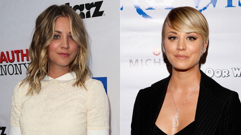 Side-by-side photos of Kaley Cuoco before and after cutting her hair