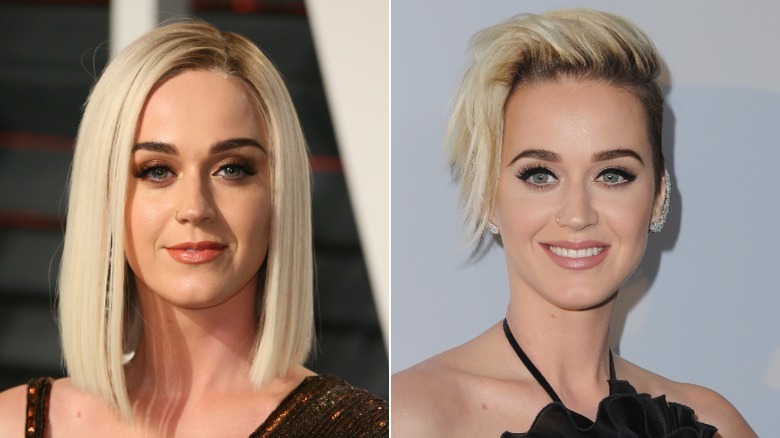 Side-by-side photos of Katy Perry after cutting her hair short