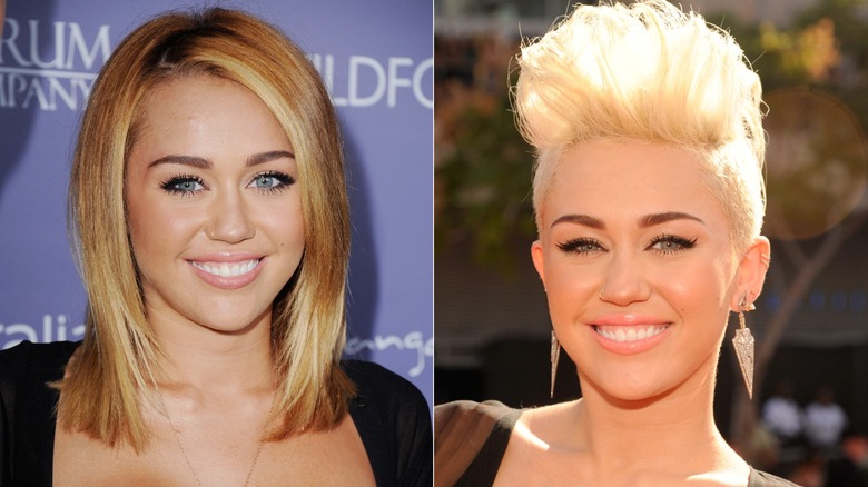 Side-by-side photos of Miley Cyrus before and after her pixie cut