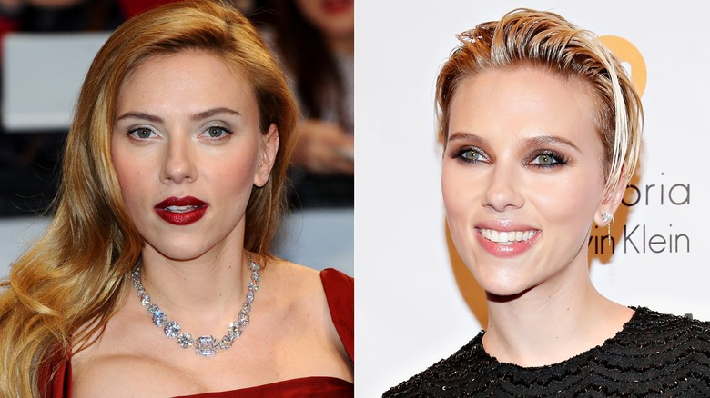 Side-by-side photos of Scarlett Johansson before and after cutting her hair