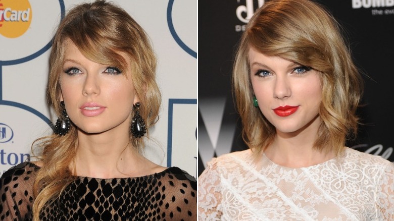 Side-by-side photos of Taylor Swift before and after cutting her hair