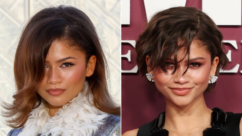 Side-by-side photos of Zendaya after cutting her hair short