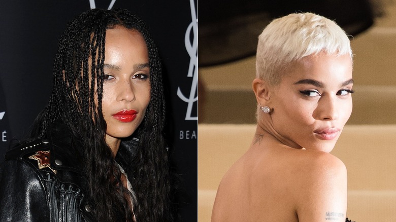 Side-by-side photos of Zoë Kravitz before and after her pixie cut