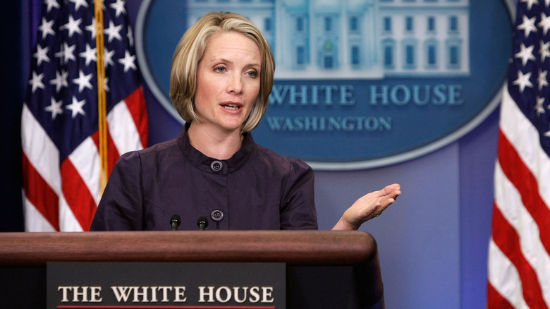 Dana Perino addresses reporters at a White House press briefing in September 2008